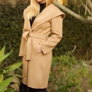 Theory Wilrose New Divide Cashmere Wool Hooded Belted Wrap Coat Tan Medium/Small